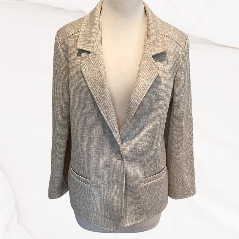 Vintage 70s Fire Islander Cream and Tan Knit Fiber Blazer Notch Collar Size 12